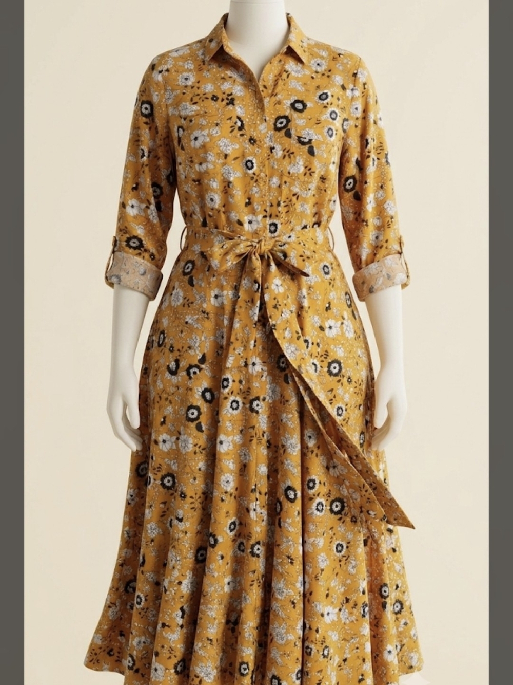 Mustard Floral Shirt Dress with Tie Belt